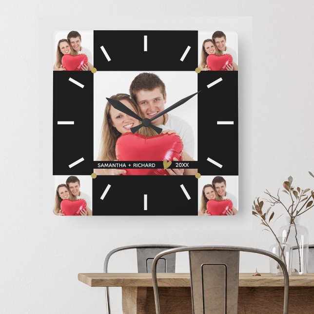  5 Photo Collage Wedding Anniversary Black White Square Wall Clock (Creator Uploaded)