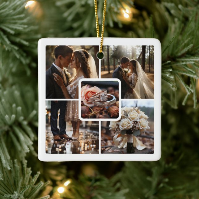 5 Photo Collage Wedding Ceramic Ornament (Tree)