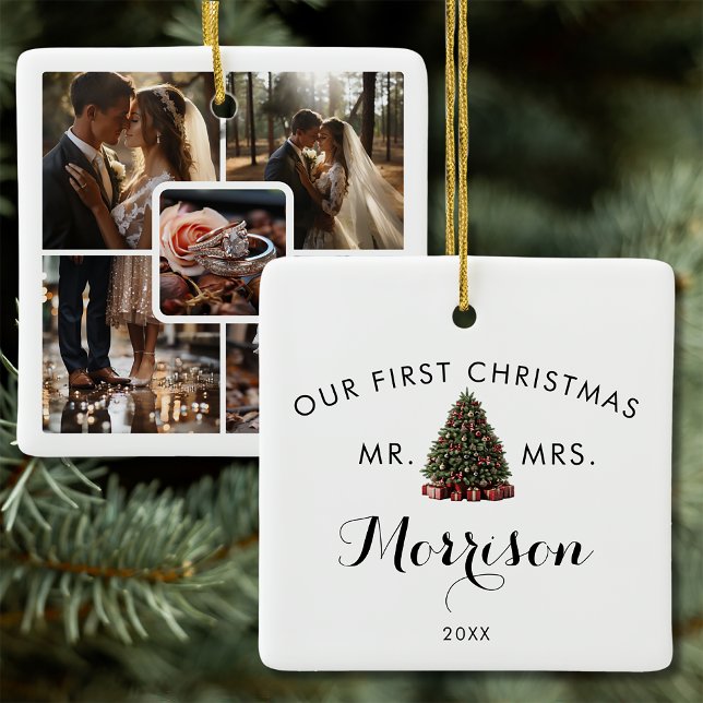 5 Photo Collage Wedding First Christmas Ceramic Ornament (Creator Uploaded)