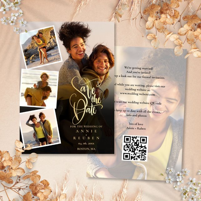 5 Photo Collage Wedding Gold Script QR Code Save The Date (5 Photo Collage Wedding Gold Script QR Code Save The Date)