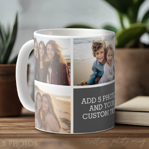 5 Photo Collage with Text - Minimal Grey White Coffee Mug