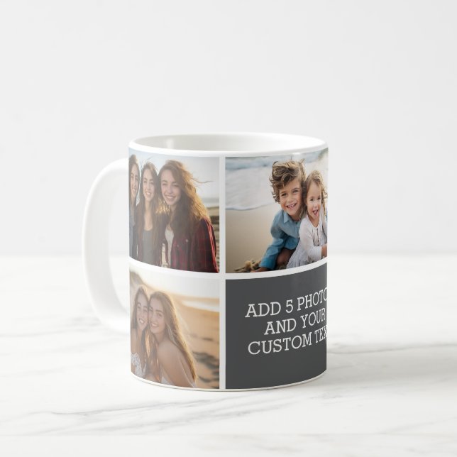 5 Photo Collage with Text - Minimal Grey White Coffee Mug (Front Left)