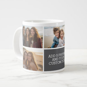 5 Photo Collage with Text - Minimal Grey White Large Coffee Mug