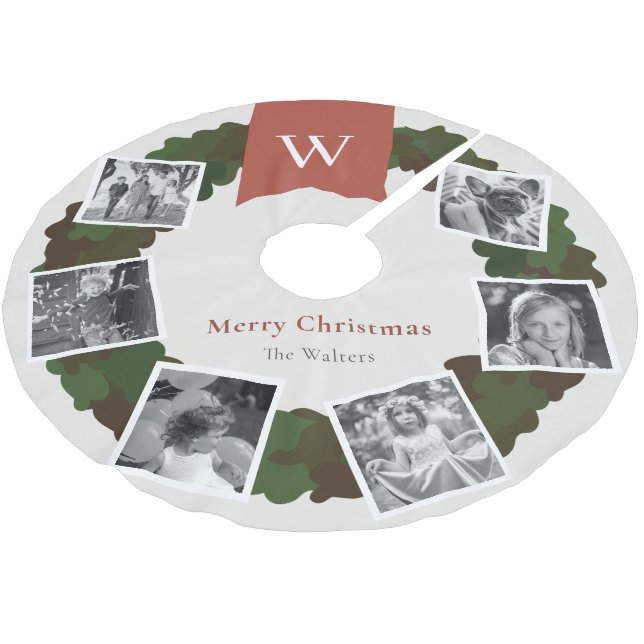 5 Photo Collage Wreath Monogram Burgundy Brushed Polyester Tree Skirt (Angled)