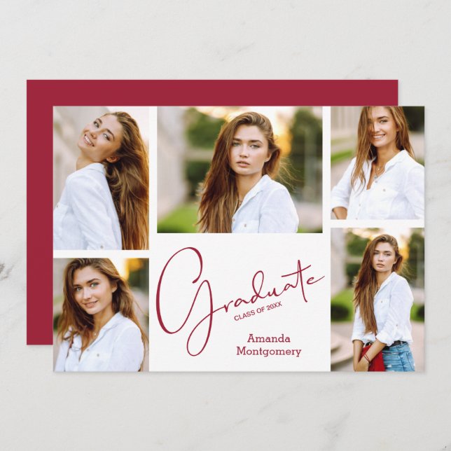 5 Photo Crimson Graduation Party Invitation (Front/Back)