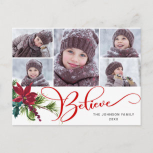 5 Photo Elegant Poinsettia Christmas BELIEVE Holiday Postcard