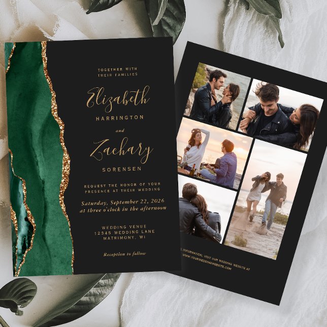 5-Photo Emerald Green Gold Agate Dark Wedding Invitation (Creator Uploaded)