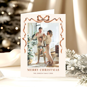 5 Photo Festive Boho Beige Christmas Bow Ribbon Holiday Card