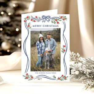 5 Photo Festive Dusty Blue Christmas Bow Ribbon Holiday Card