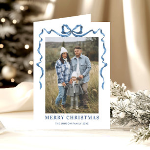 5 Photo Festive Dusty Blue Christmas Bow Ribbon Holiday Card