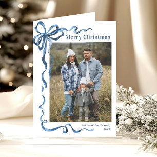 5 Photo Festive Dusty Blue Christmas Bow Ribbon Holiday Card