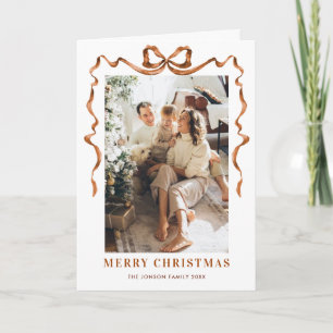 5 Photo Funky Boho Beige Christmas Bow Ribbon Holiday Card