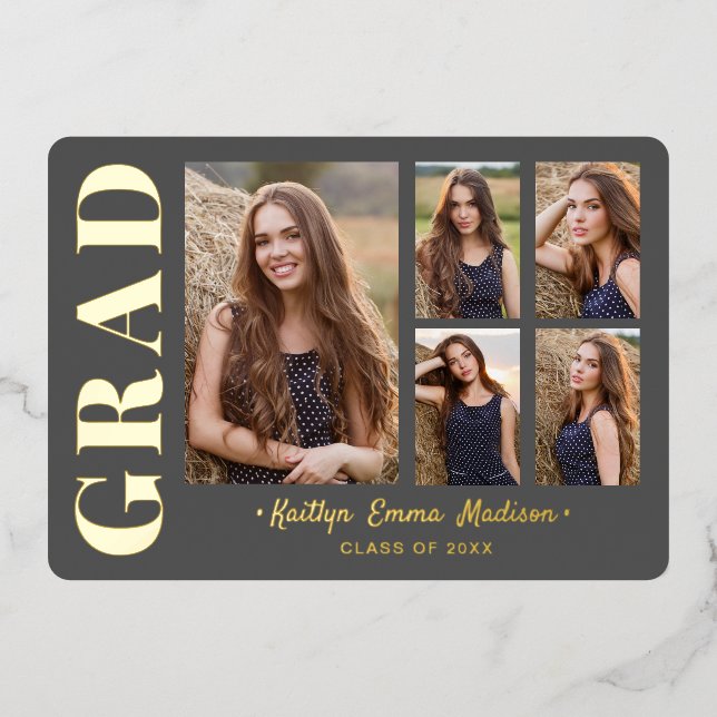 5 Photo Grad Collage Grey & Gold Foil Card (Front)