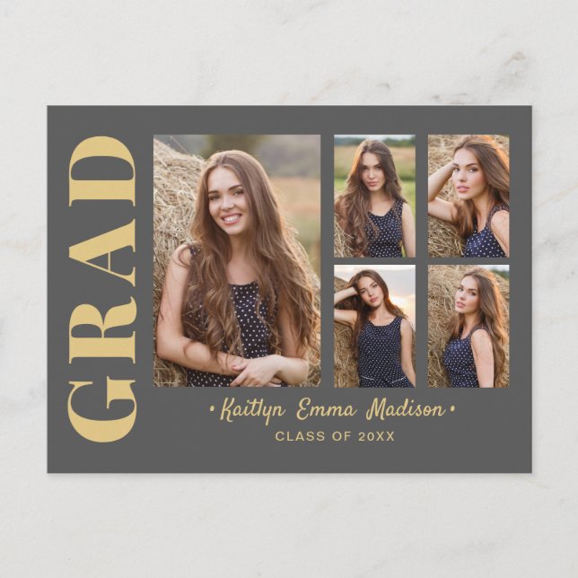 5 Photo Grad Collage Modern Script Grey and Gold Postcard (Front)