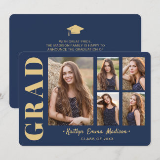 5 Photo Grad Collage Modern Script Navy Blue Gold Announcement