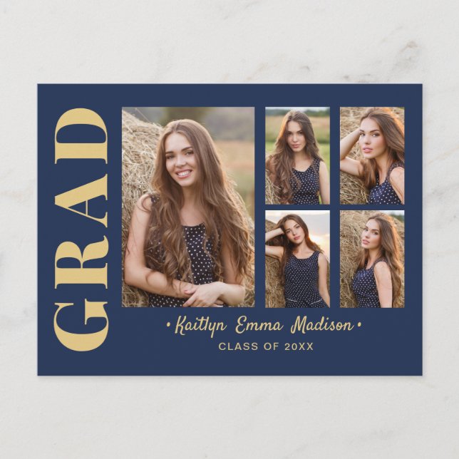 5 Photo Grad Collage Modern Script Navy Blue Gold Postcard (Front)