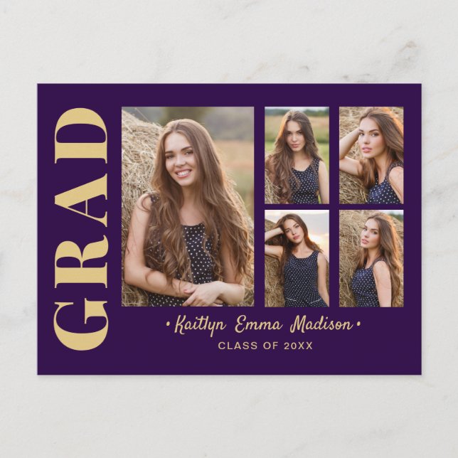 5 Photo Grad Collage Modern Script Purple and Gold Postcard (Front)