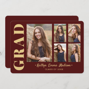 5 Photo Grad Collage Modern Script Red and Gold Announcement