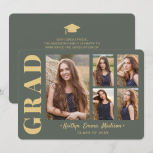 5 Photo Grad Collage Modern Script Sage and Gold Announcement