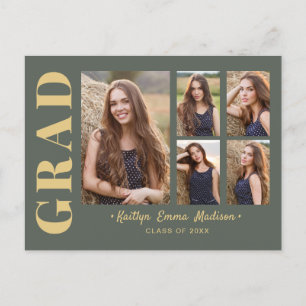 5 Photo Grad Collage Modern Script Sage and Gold Postcard