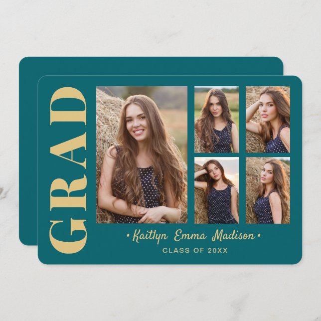 5 Photo Grad Collage Modern Script Teal and Gold Announcement (Front/Back)