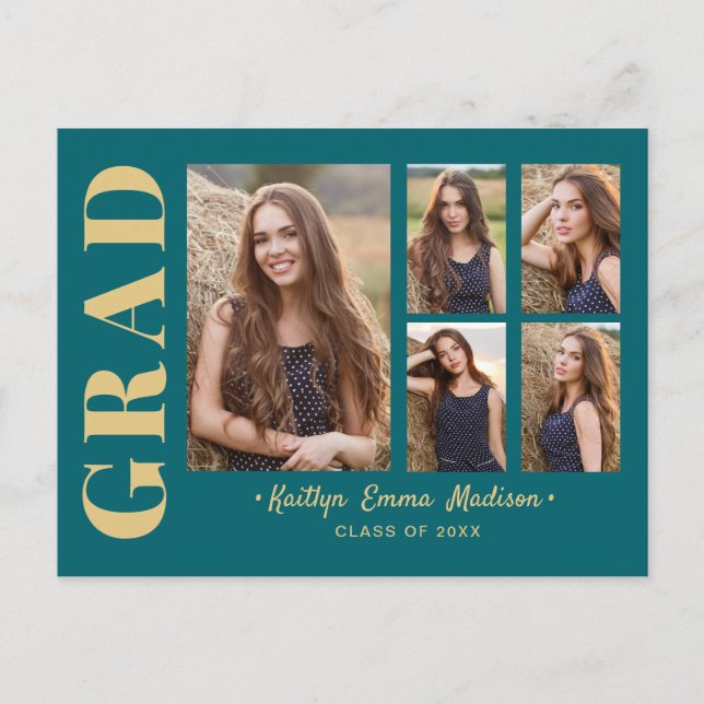 5 Photo Grad Collage Modern Script Teal and Gold Postcard (Front)