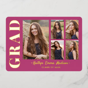 5 Photo Grad Collage Pink & Gold Foil Card