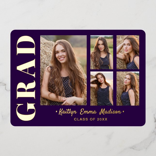 5 Photo Grad Collage Purple & Gold Foil Card (Front)
