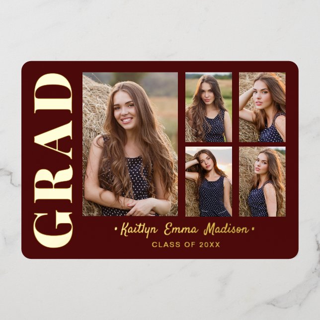 5 Photo Grad Collage Red & Gold Foil Card (Front)