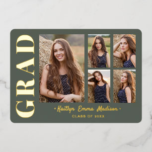5 Photo Grad Collage Sage Green & Gold Foil Card