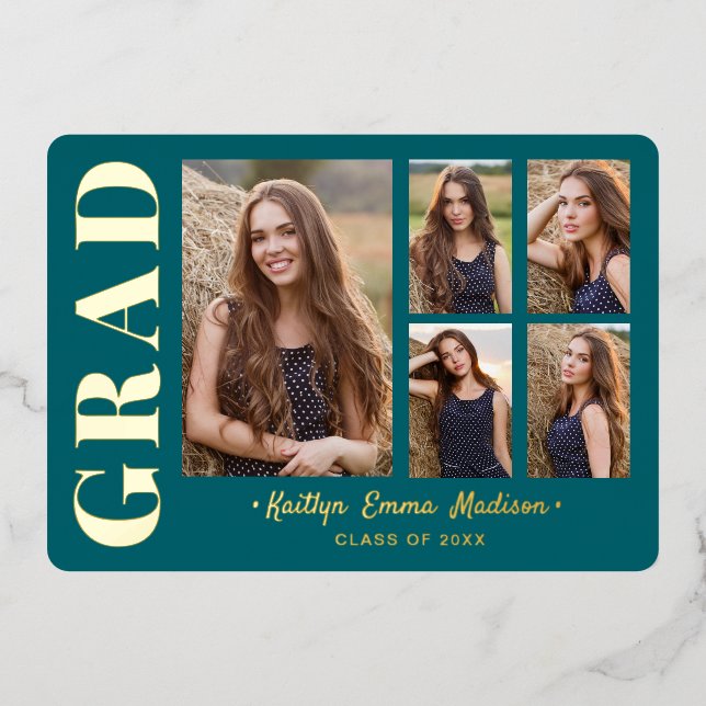 5 Photo Grad Collage Teal & Gold Foil Card (Front)