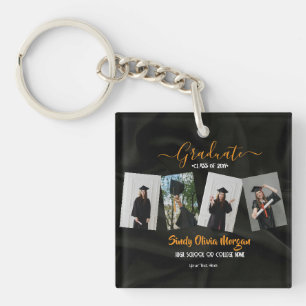 5 Photo Graduation Collage Black, Gold and white Key Ring