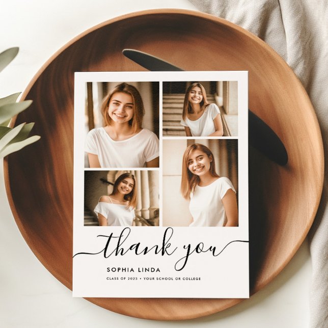 5 Photo Graduation Collage Script Modern Elegant Thank You Card (Creator Uploaded)