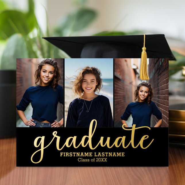 5 Photo Graduation Party Modern Script Gold (Graduation announcement and invitation with multiple photos)