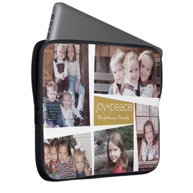 5 Photo Holiday Collage Retro Joy and Peace - Gold Laptop Sleeve (Front Right)