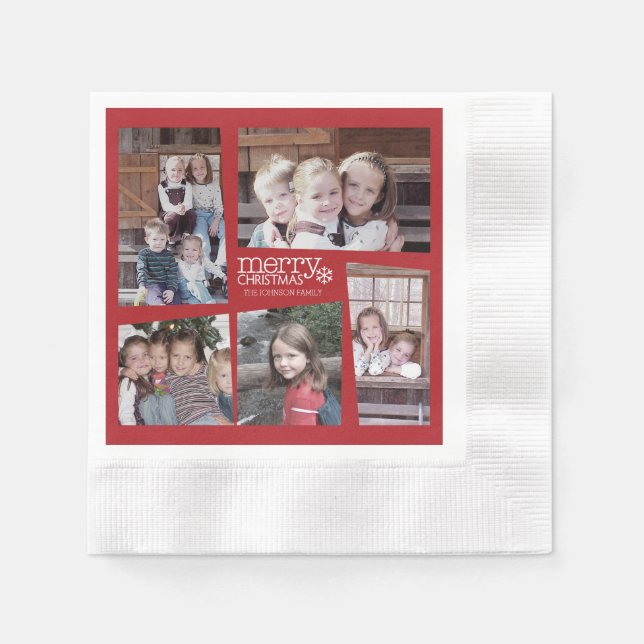 5 Photo Holiday Collage Retro Merry Christmas Napkin (Front)