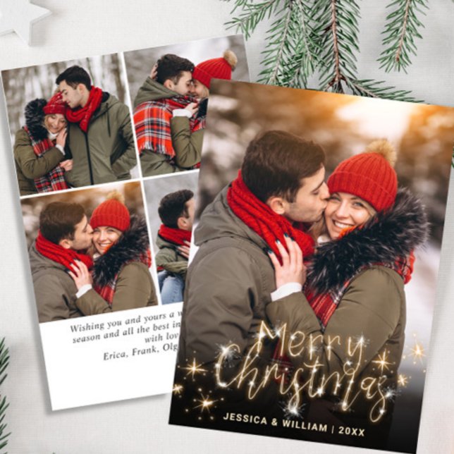 5 PHOTO Merry Christmas Gold Sparkle Greeting Holiday Card (Creator Uploaded)