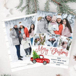 5 Photo Merry Christmas Red Farm Truck Holiday Card
