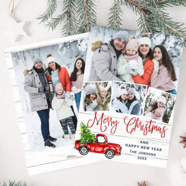 5 Photo Merry Christmas Red Farm Truck Holiday Card (Creator Uploaded)