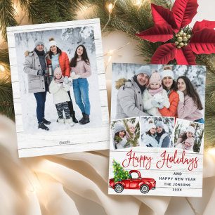 5 Photo Merry Christmas Red Farm Truck Holiday Card