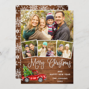 5 Photo Merry Christmas Red Farm Truck Holiday Card