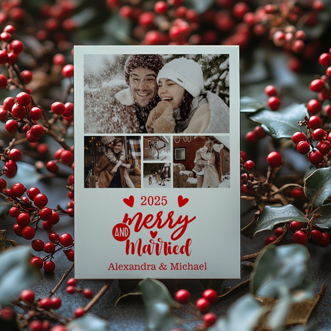 5 Photo Minimialist Merry and Married  Holiday Card (Creator Uploaded)