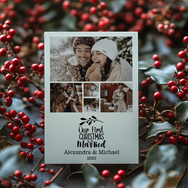 5 Photo Minimialist Our First Christmas Married Holiday Card (Creator Uploaded)