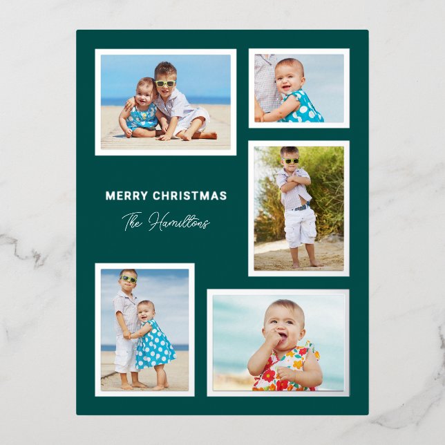 5-Photo Modern Christmas Collage Green Silver Foil Holiday Postcard (Front)
