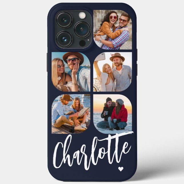 5 Photo Modern Trendy Simple Personalised Name Case-Mate iPhone Case (Back)