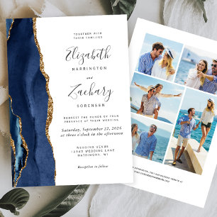 5-Photo Navy Blue Gold Agate Wedding Invitation
