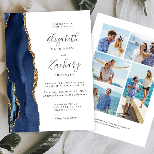 5-Photo Navy Blue Gold Agate Wedding Invitation (Creator Uploaded)