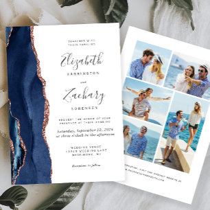 5-Photo Navy Blue Rose Gold Agate Wedding Invitation