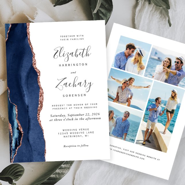 5-Photo Navy Blue Rose Gold Agate Wedding Invitation (Creator Uploaded)