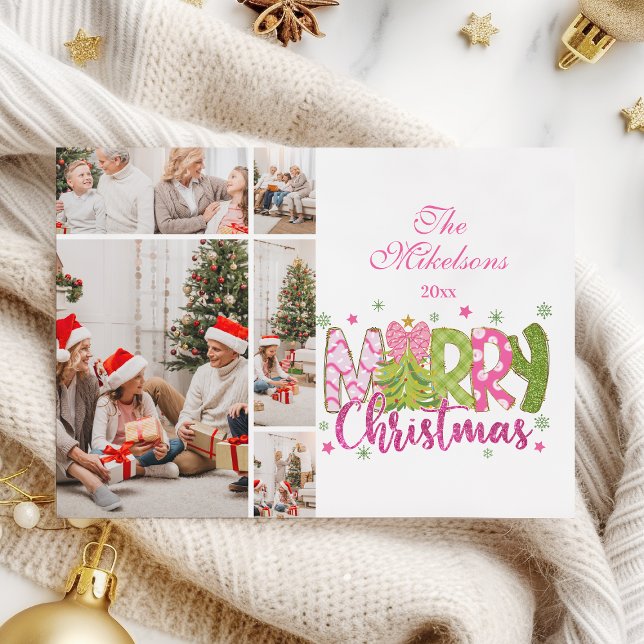  5 Photo Pink Green Bow Tree Merry Christmas Holiday Card (Creator Uploaded)